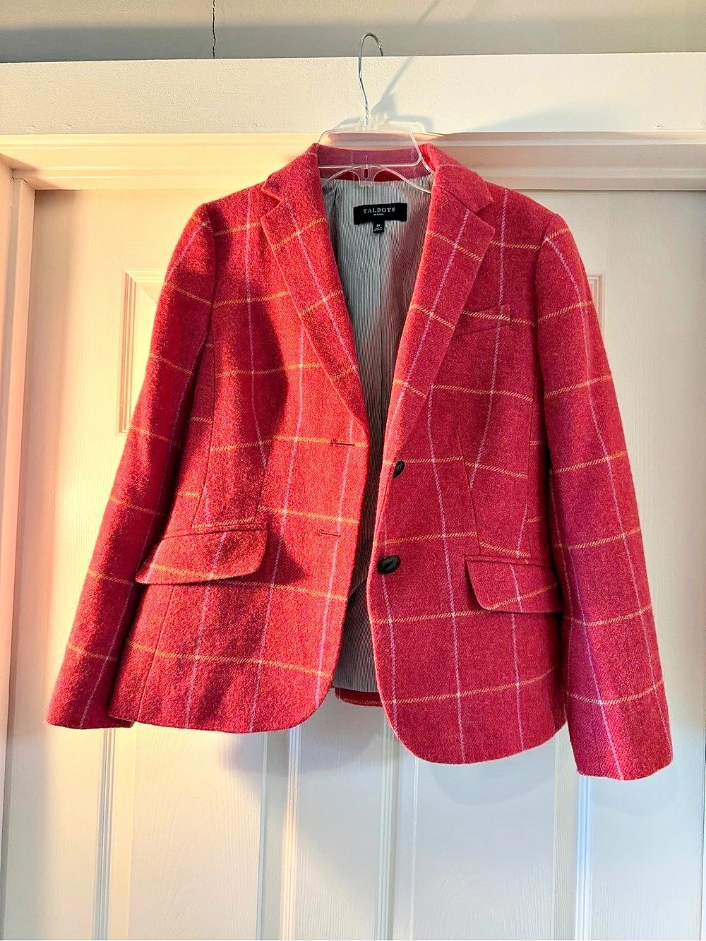 Talbots Windowpane Plaid Wool Blend Blazer Pink & Red Size 8P